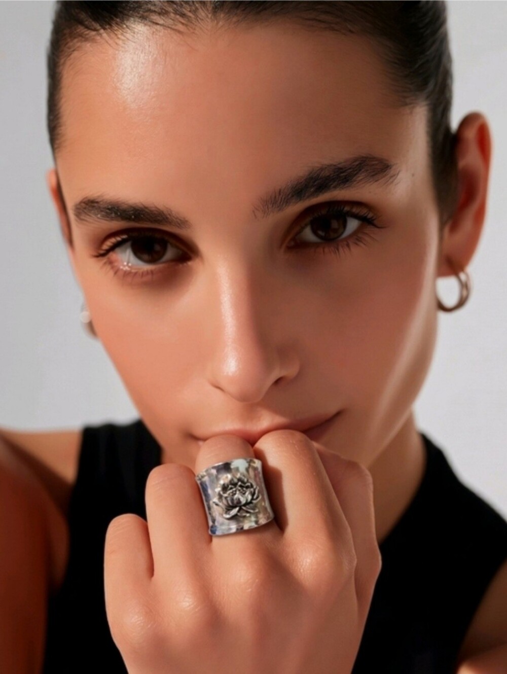 Soulful Lotus Motif 925 Silver Ring Size 6.5